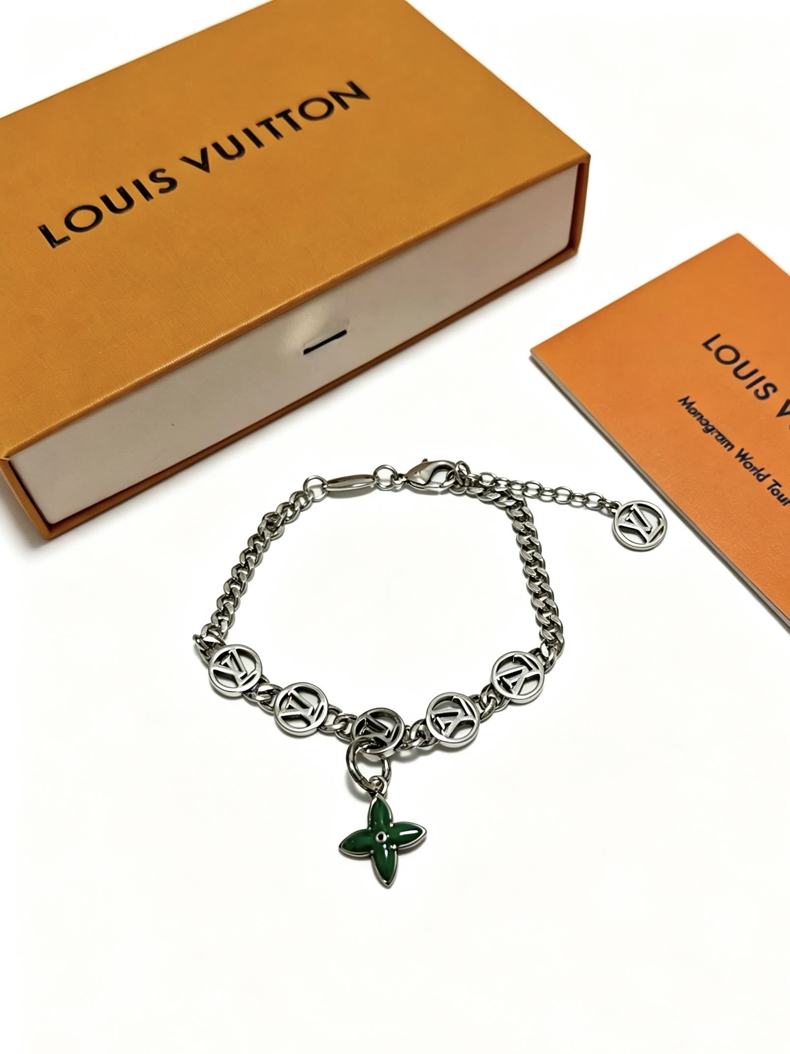 Louis Vuitton Silver Bracelet with Green Enamel Flower